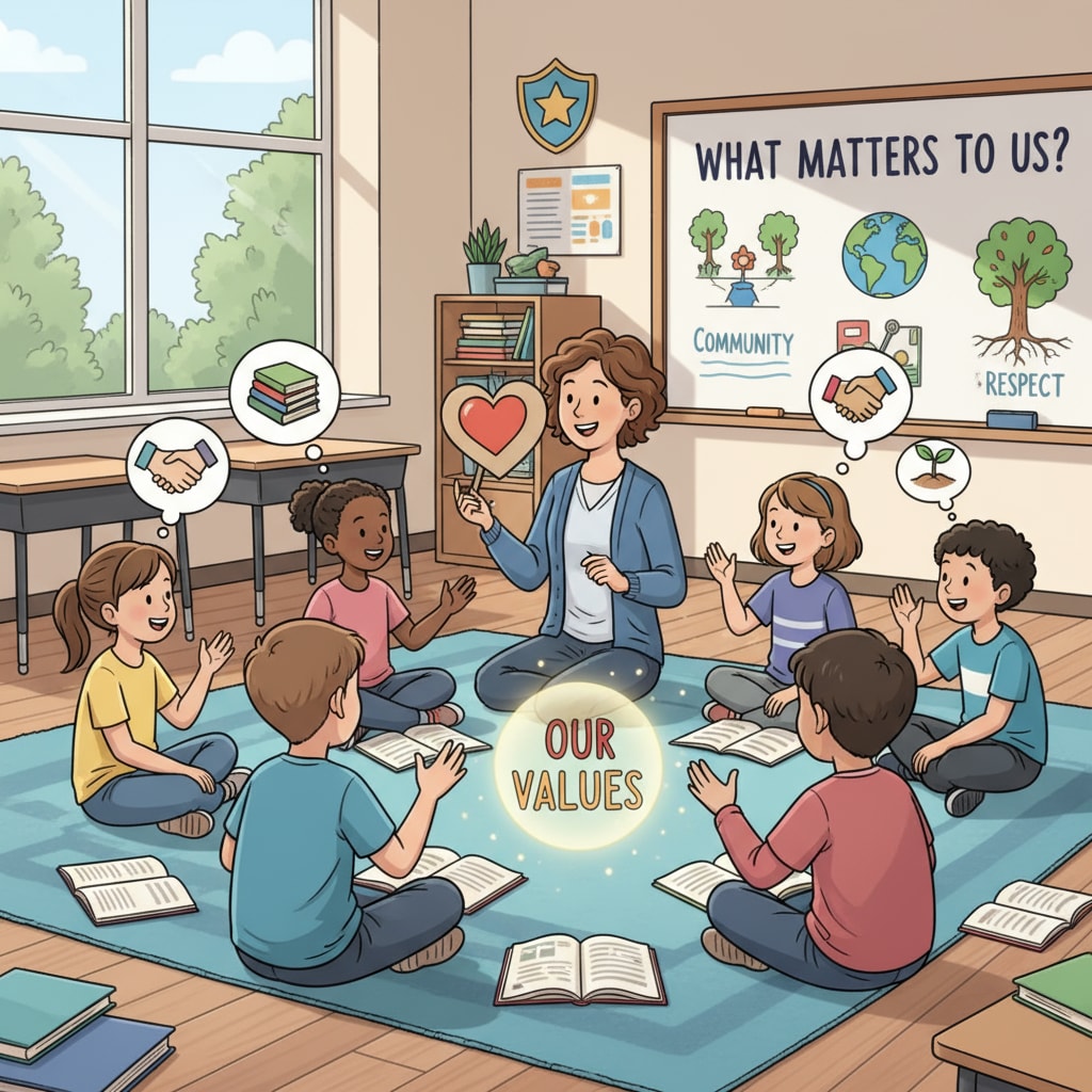Students discussing values in a classroom, highlighting the concepts of morality, consensus, and values.