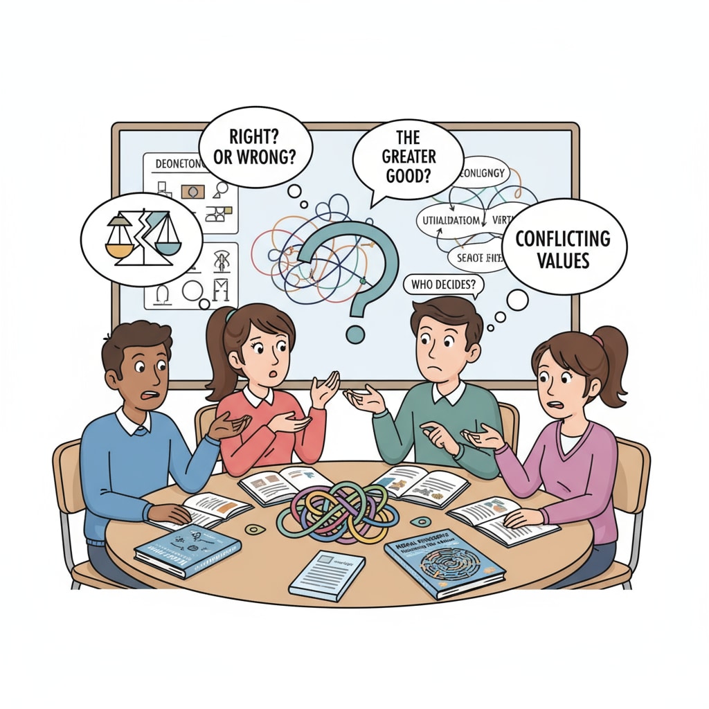 Confused students discussing moral issues, emphasizing the impact of moral consensus and values on education.