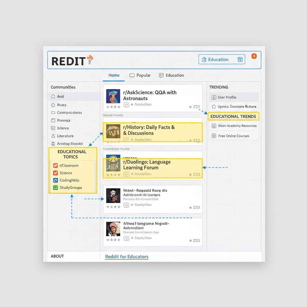 An overview of the Reddit interface highlighting educational sections for the Reddit education community, participation rules, and educational subreddits