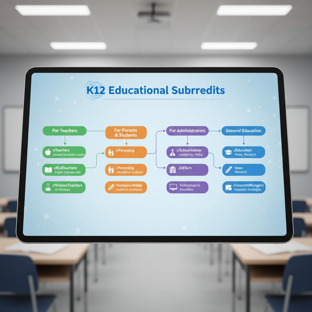 Visual representation of various K12 educational subreddits for the Reddit education community, participation rules, and educational subreddits