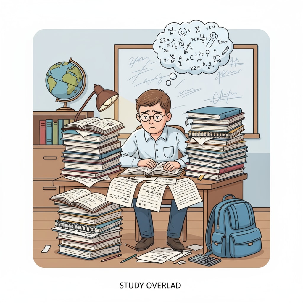 A stressed student struggling with a large amount of homework, related to the concepts of homework, self-motivation, and personal responsibility.