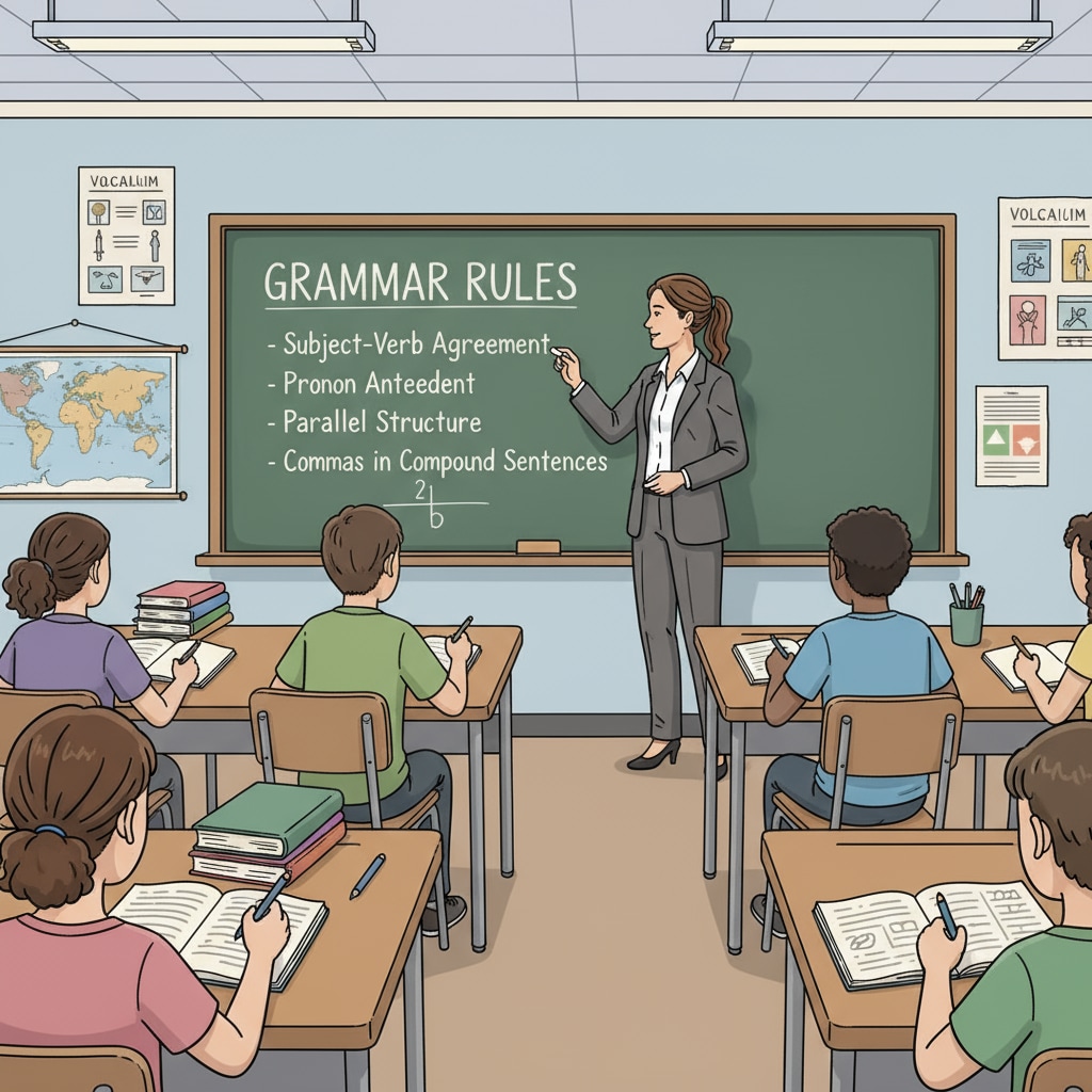 A stern teacher using rigid teaching methods in a ninth-grade English class
