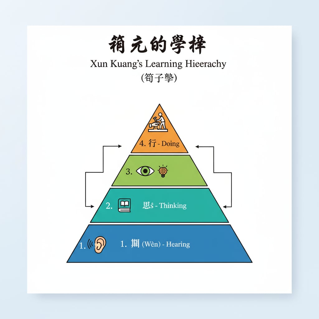 Xun Kuang's learning hierarchy related to learning theories, Cone of Experience, and learning by doing