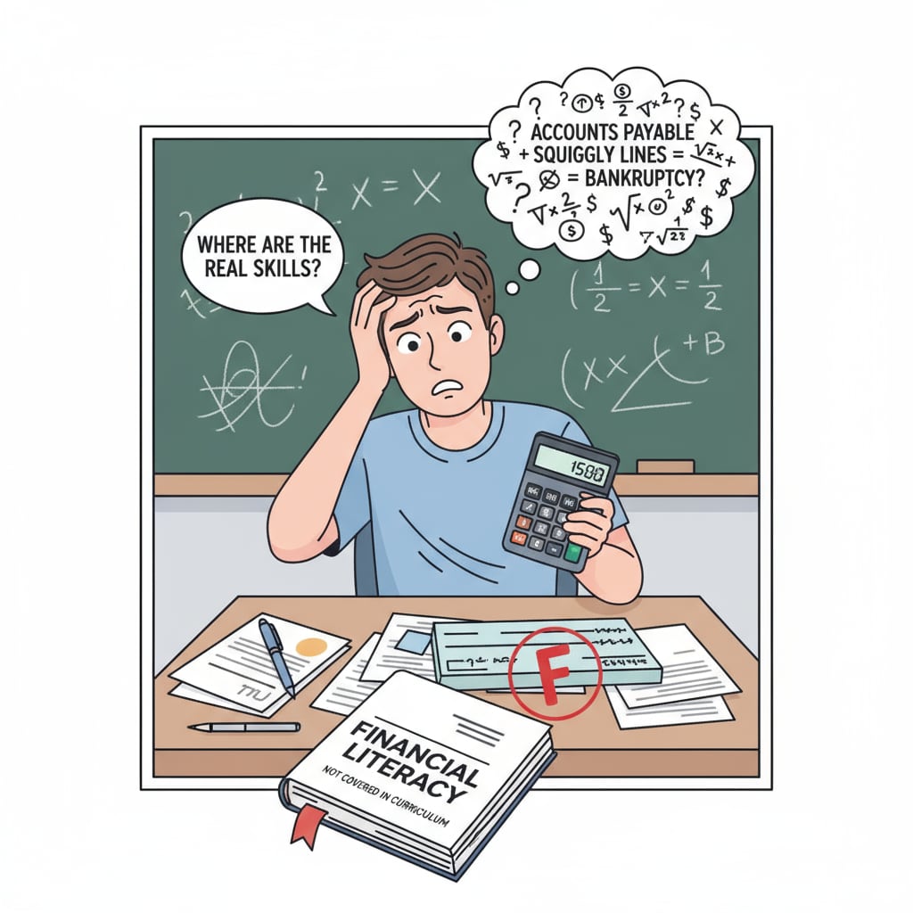 Young person struggling with financial tasks due to lack of practical knowledge from school education