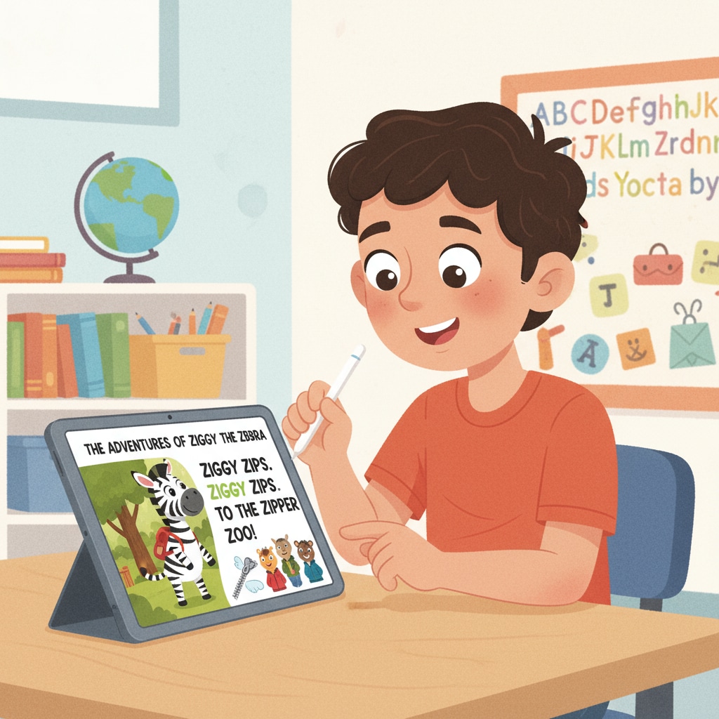 A student using AI-generated decodable reading material on a tablet for educational purposes.
