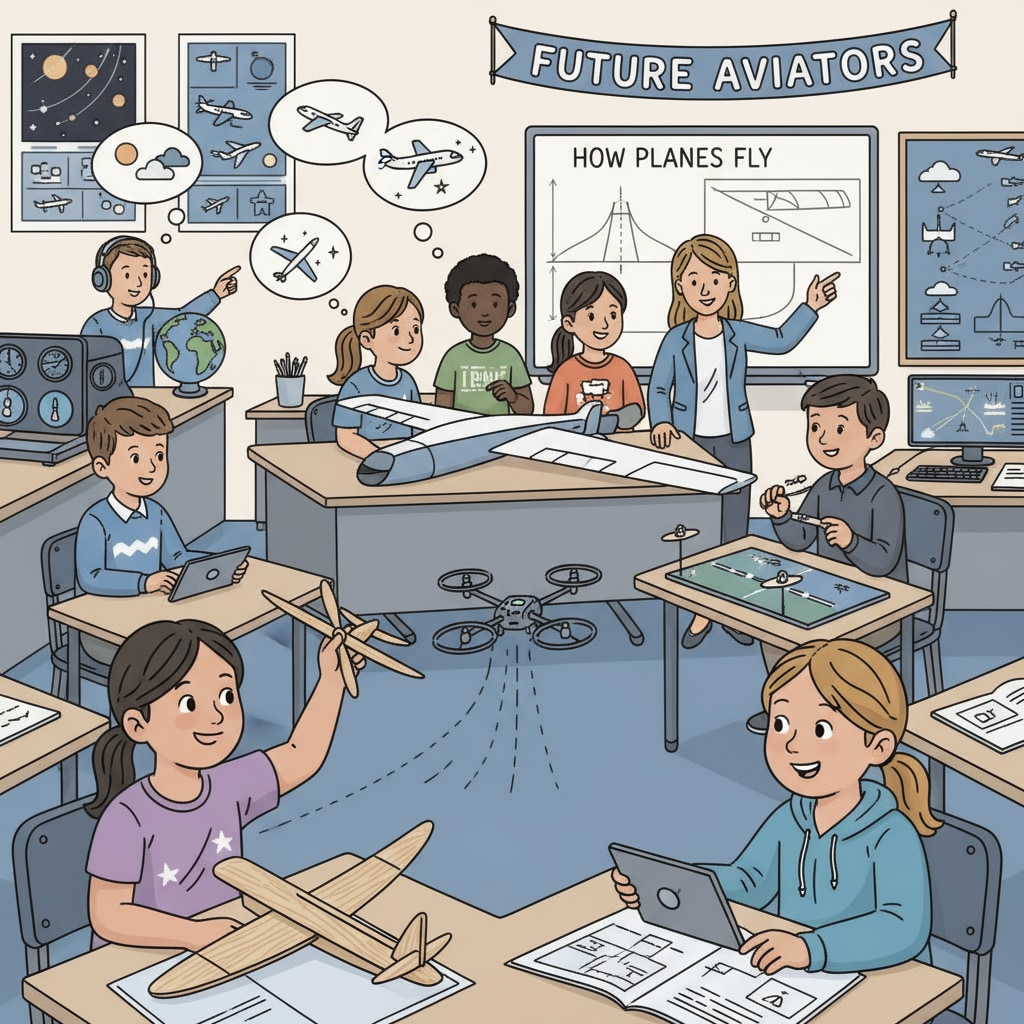 Students learning about aviation concepts in a classroom setting, enhancing pilot skills, communication, decision-making, and situational awareness