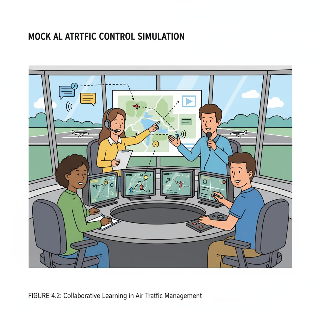 Students practicing communication and decision-making skills in a mock air traffic control activity, relevant to pilot training