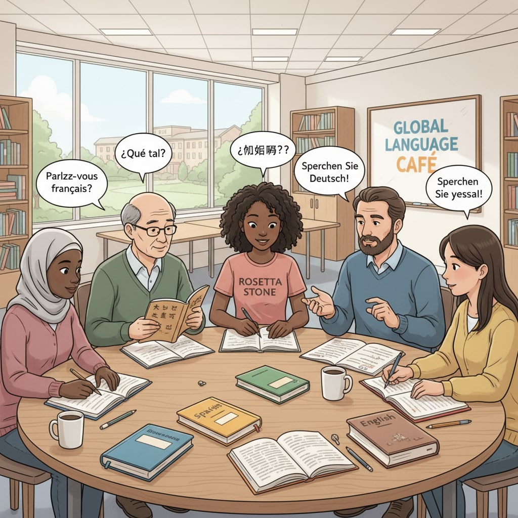 A group of people studying different languages together for polyglot learning