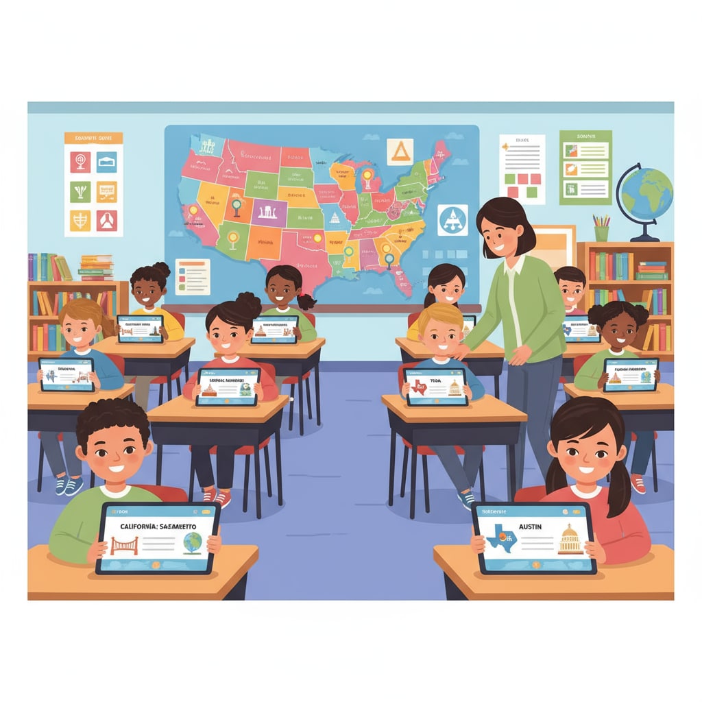 Students using state capital learning apps for geographic education in a classroom
