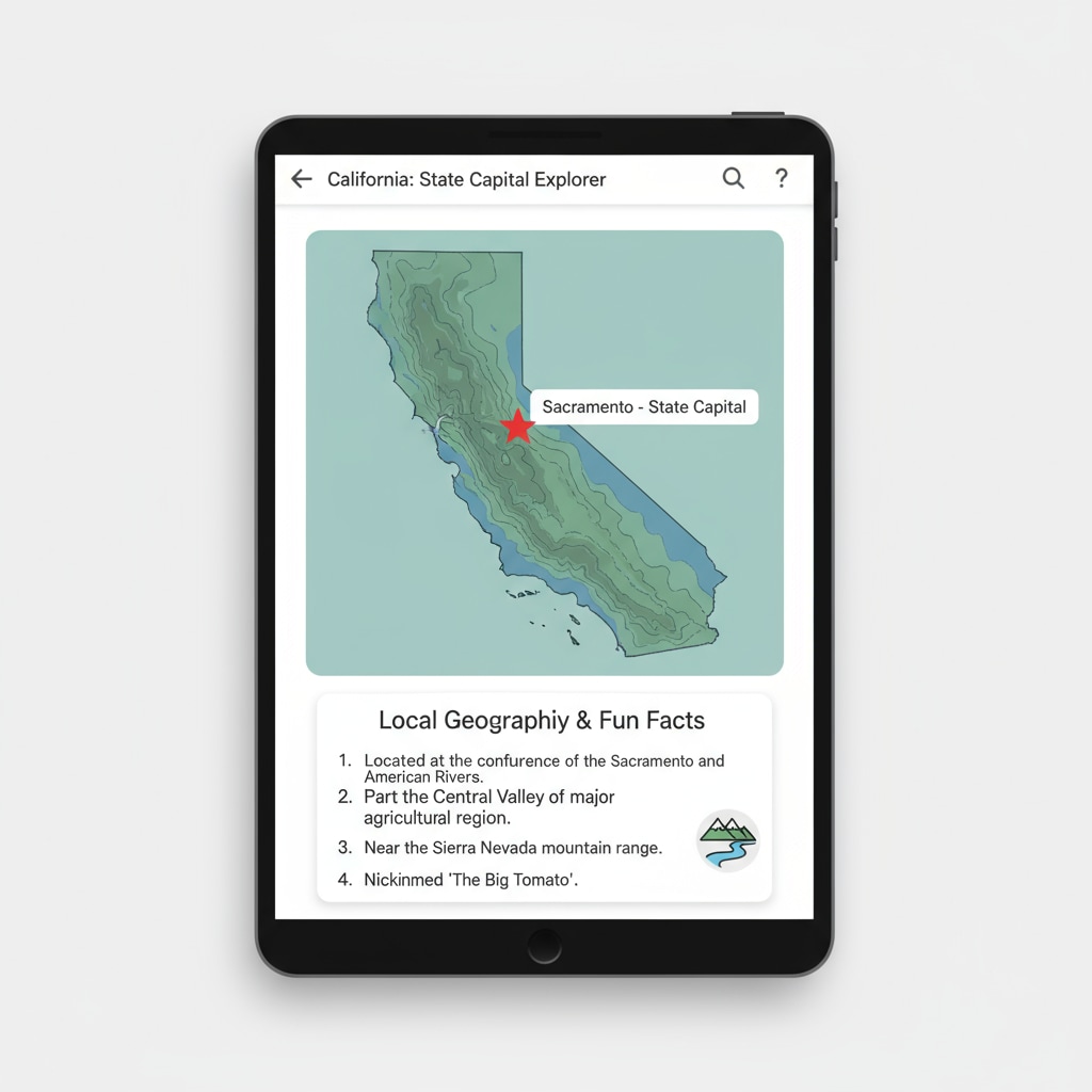 Screenshot of a state capital learning app with geographic information for educational purposes