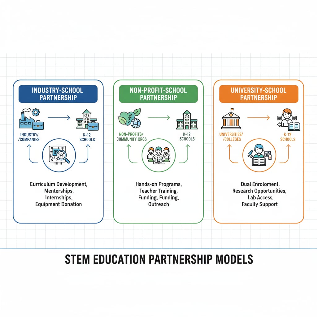 Visual representation of different STEM education partnership models, highlighting the various ways of collaboration in STEM education, related to partnerships and curriculum development.