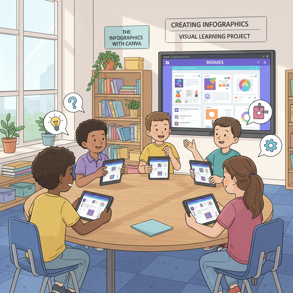 Students are gathered around a table, using Canva on tablets to create educational infographics. They are discussing and collaborating on the design. Students using Canva, an AI visual learning tool, to boost learning efficiency in K12 education