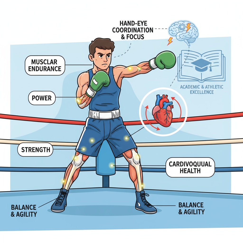A young boxer practicing punches in a ring as part of college application-worthy extracurricular activities