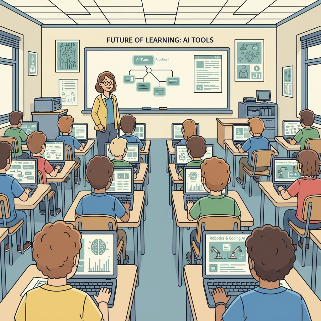 Students using AI learning tools in a classroom to enhance education assistance and learning efficiency