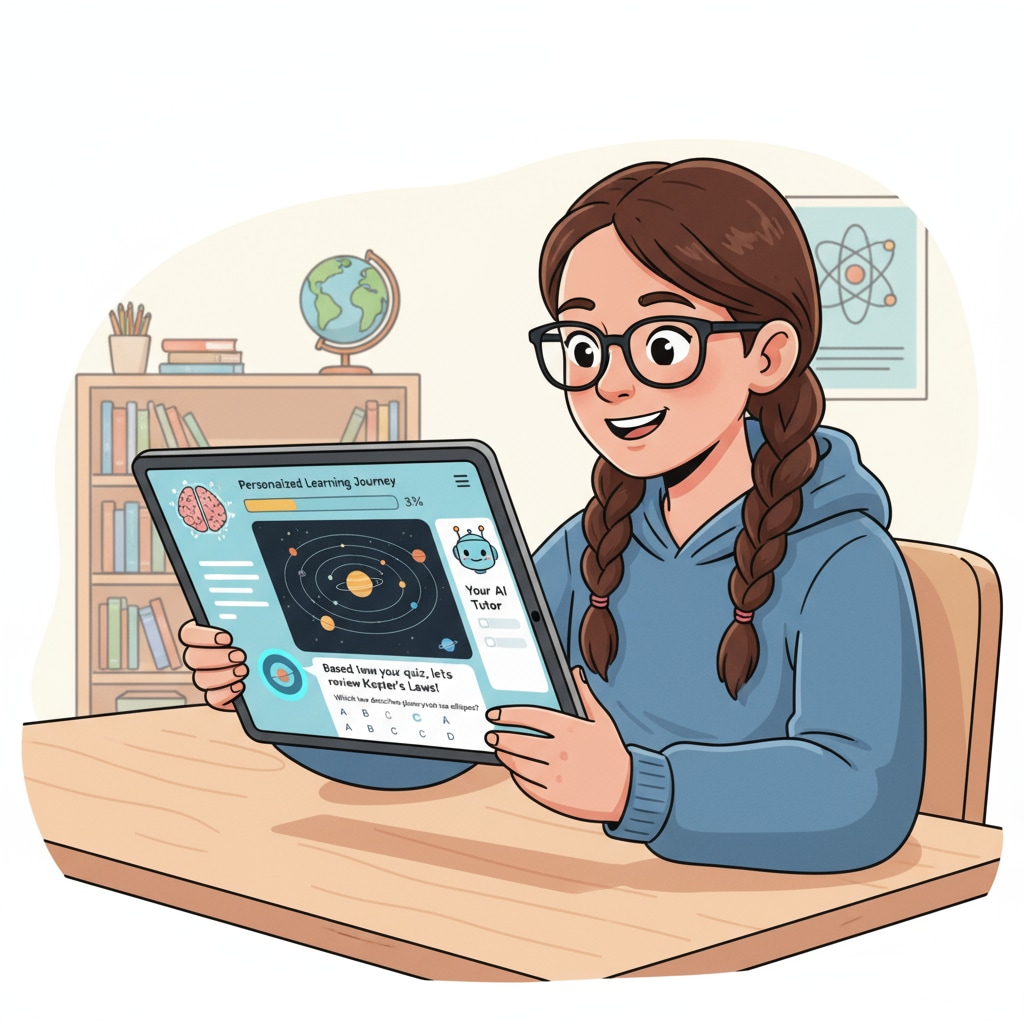 A student is using a tablet with an AI - based learning application. The screen shows interactive learning materials tailored to the student's needs. A student interacting with an AI - based learning system on a tablet in the context of artificial intelligence in education, algorithmic teaching, and educational innovation