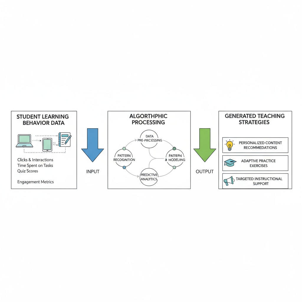A diagram with arrows and labels showing how data from students' learning behavior is processed by an algorithm to generate teaching strategies. A diagram illustrating the process of algorithmic teaching in artificial intelligence in education, algorithmic teaching, and educational innovation