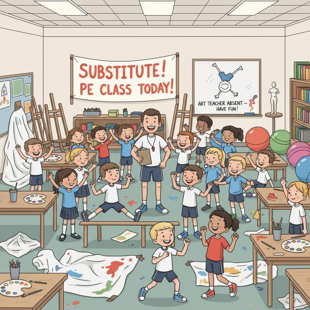 Students in a physical education class during the absence of an art teacher, related to special subject teacher substitution, curriculum replacement, and educational resource utilization.