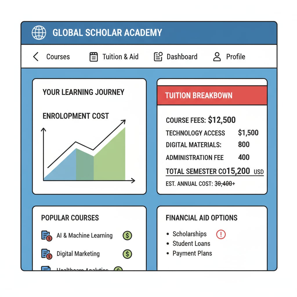 Online education platform and students calculating tuition costs related to online education, data analysis, and tuition costs