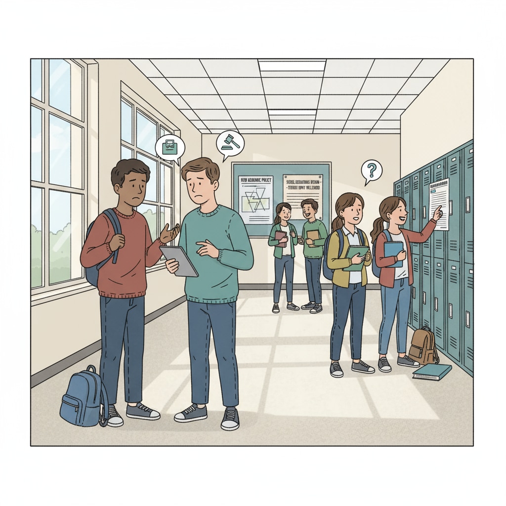 Students discussing Ministry of Education's review of Fairfax County school gender policies in a corridor