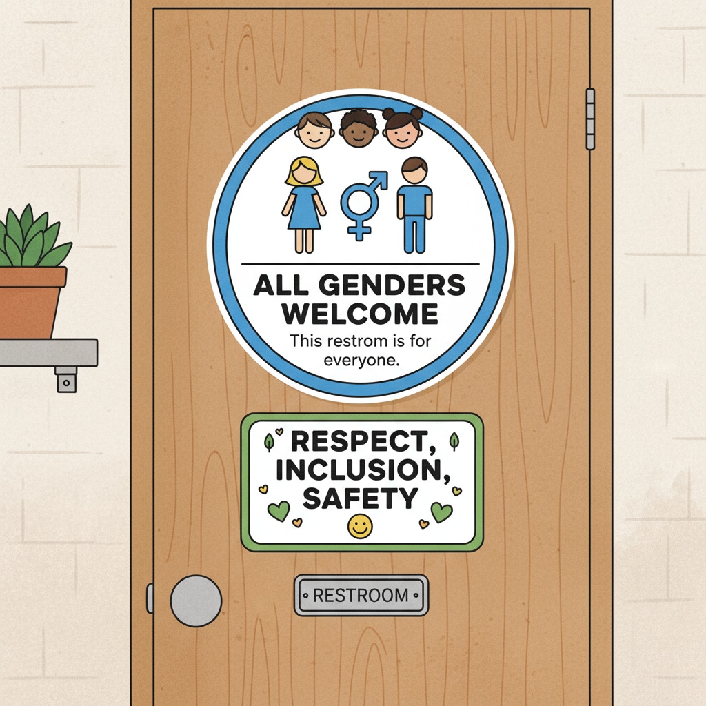 Sign near a restroom showing inclusive gender policy related to Ministry of Education's review in Fairfax County