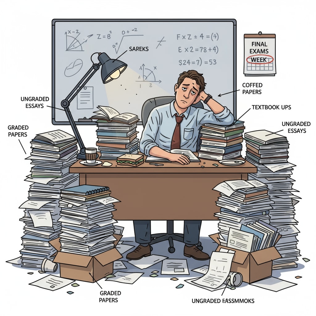 A teacher experiencing heavy workload and burnout.