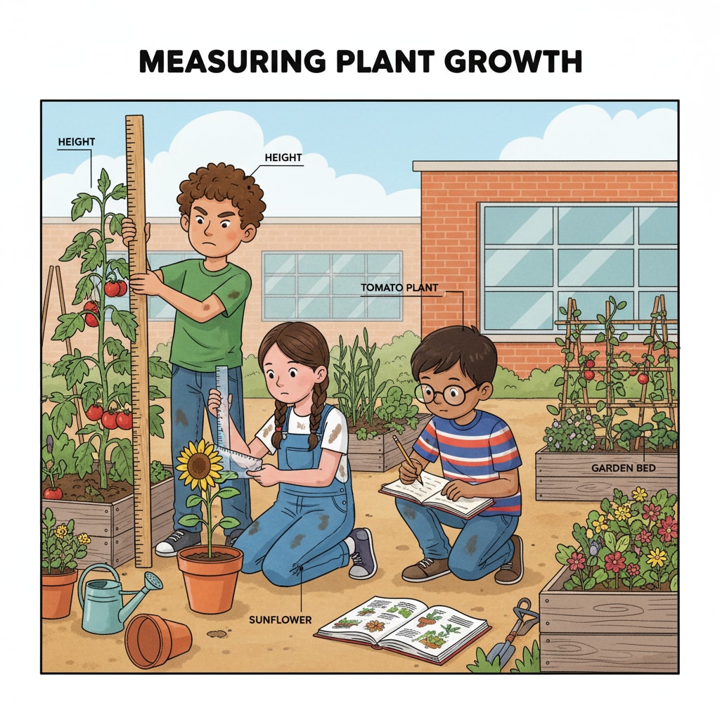 Students using math skills in a school garden for hands-on and interdisciplinary learning