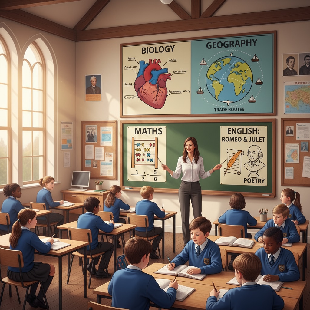 Classroom in British education system with students learning and teacher teaching, related to curriculum reform and student assessment