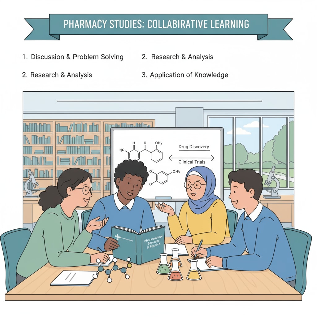 Students discussing pharmacy in a UK educational setting related to pharmacy postgraduate admissions