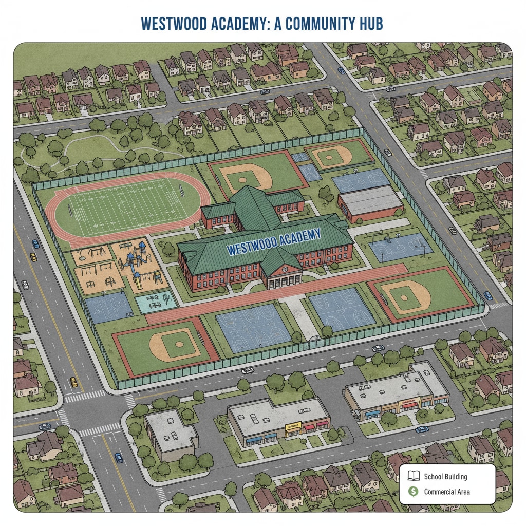 Aerial view of a public school building relevant to school district, public schools, charter schools, school building reuse