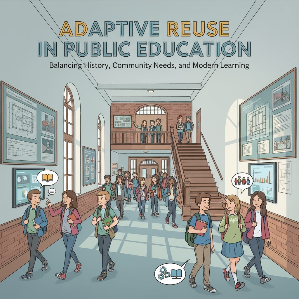 Students in a public school hallway related to school district, public schools, charter schools, school building reuse