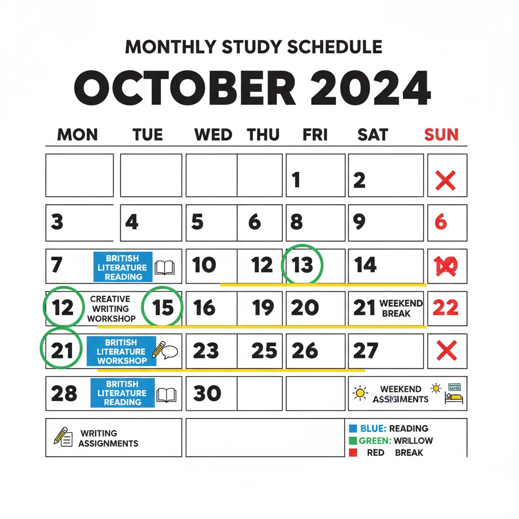 A calendar with study times for British literature and creative writing