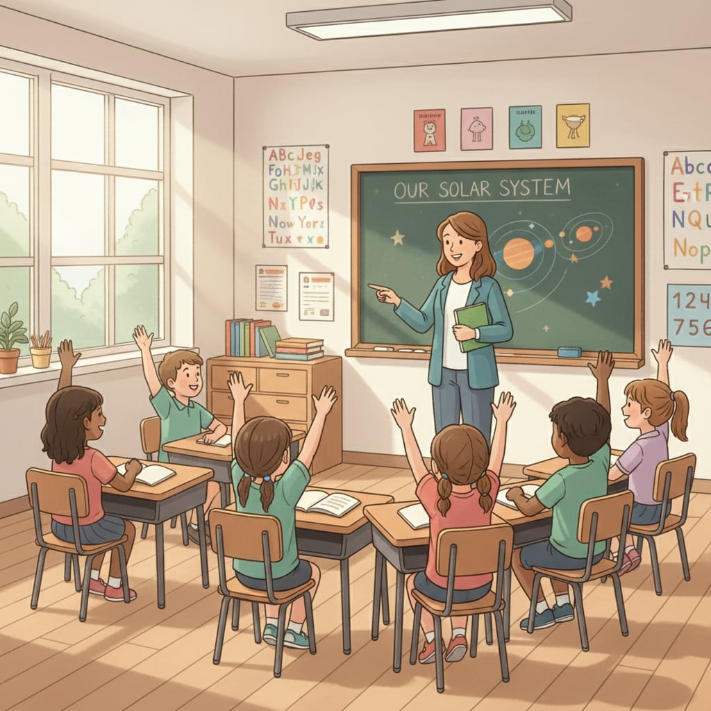 Students interacting with a human teacher in a K12 classroom for research on AI treatment and human treatment