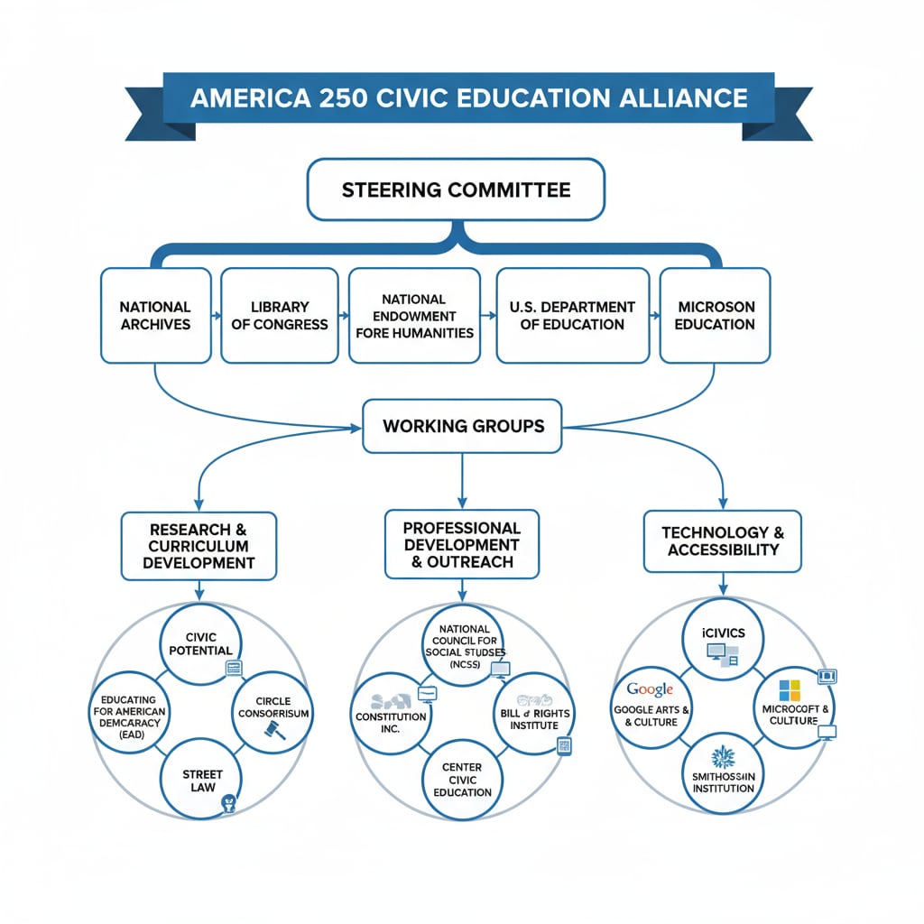 Diagram of the organizations in the America 250 Civic Education Alliance