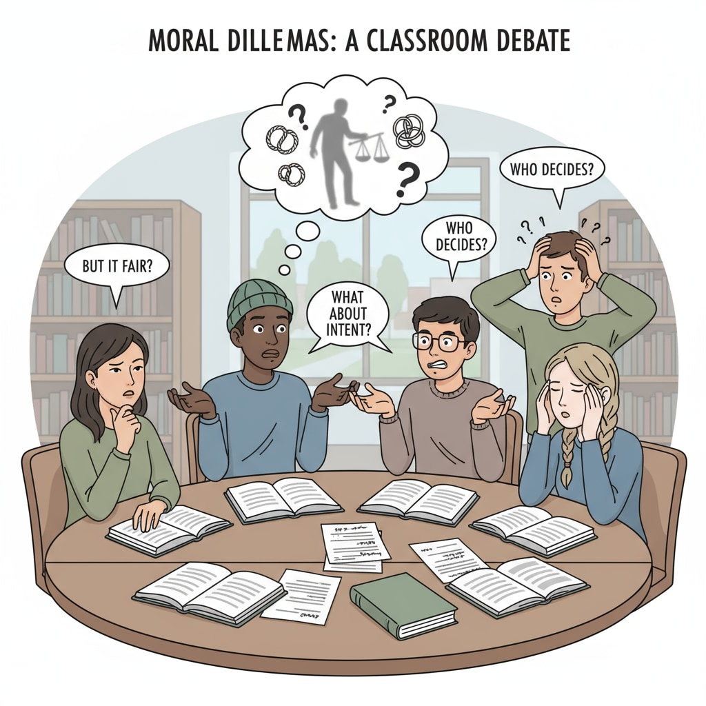 Students from diverse backgrounds facing challenges in moral discussions due to moral relativism, shared values, and social division.