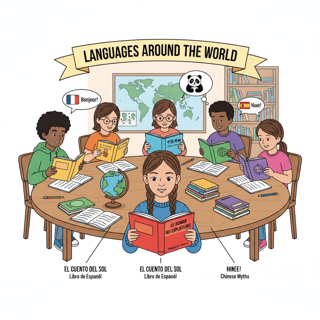 K12 students engaged in language learning books related to polyglot learning methods