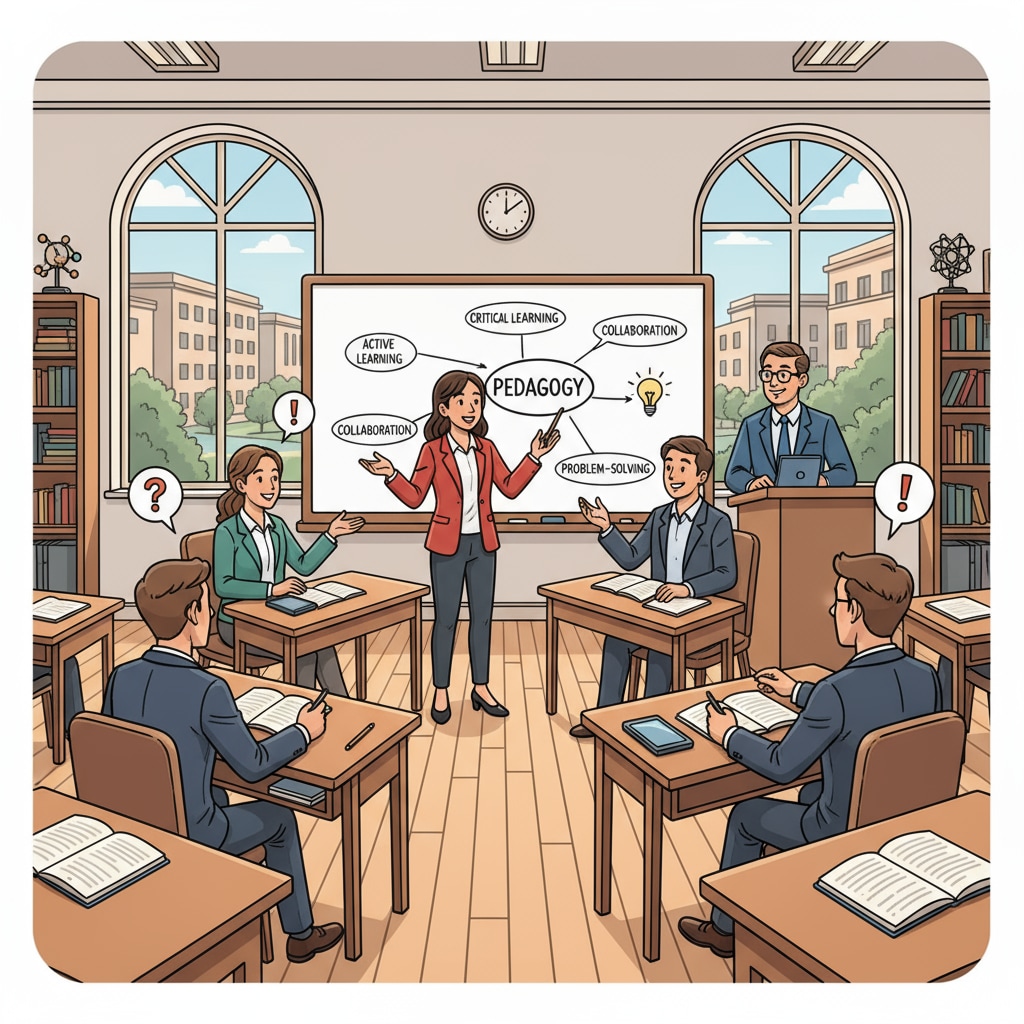A classroom in a professional school where students are engaged in a lively discussion, which reflects the importance of pedagogy in promoting active learning. Classroom discussion in a professional school related to pedagogy, curriculum goals, and learning assessment