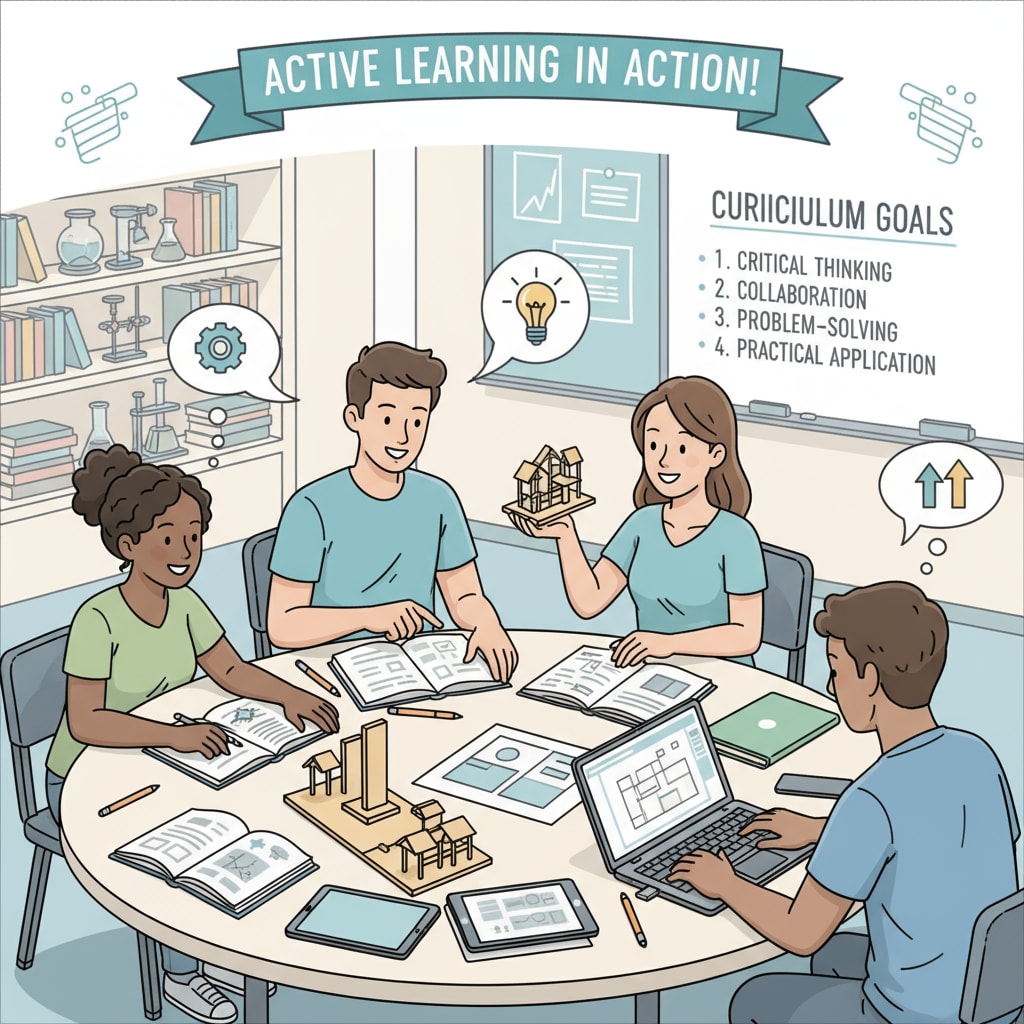 Students collaborating on a group project, which is an example of how curriculum goals can be achieved through practical learning experiences. Students working on a group project to meet curriculum goals in a professional school for learning assessment