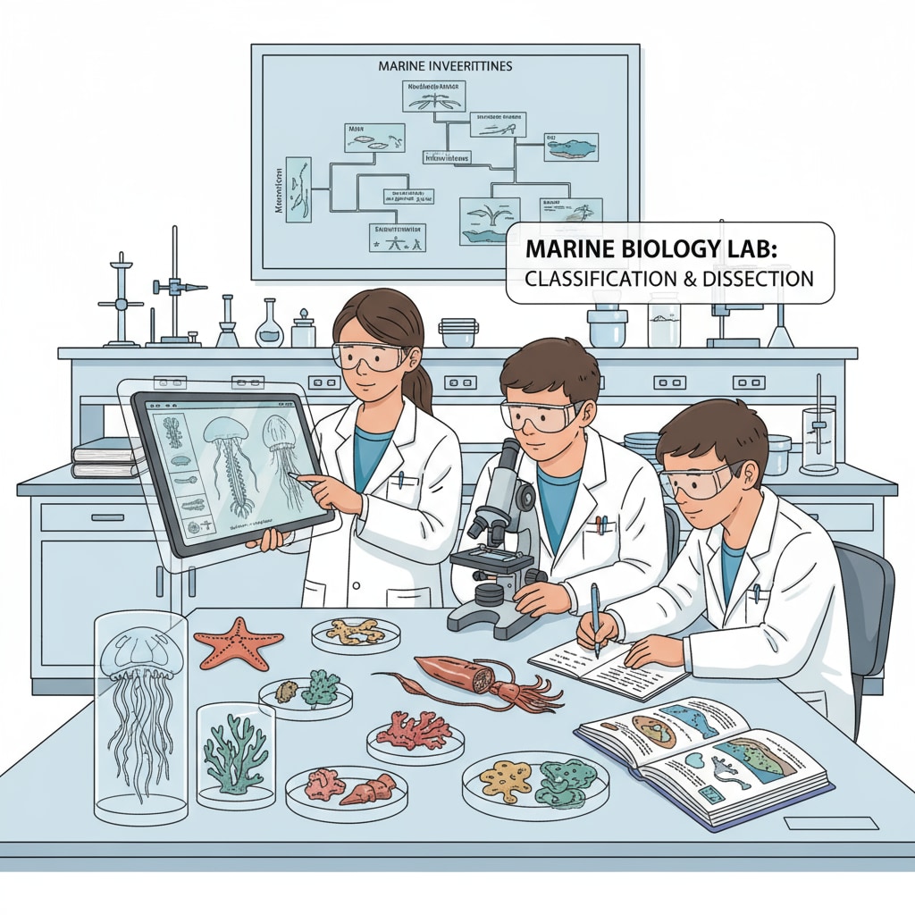 Students with no prior science knowledge studying marine biology specimens in a lab