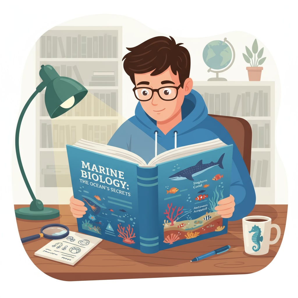 A student without a science background reading a marine biology textbook