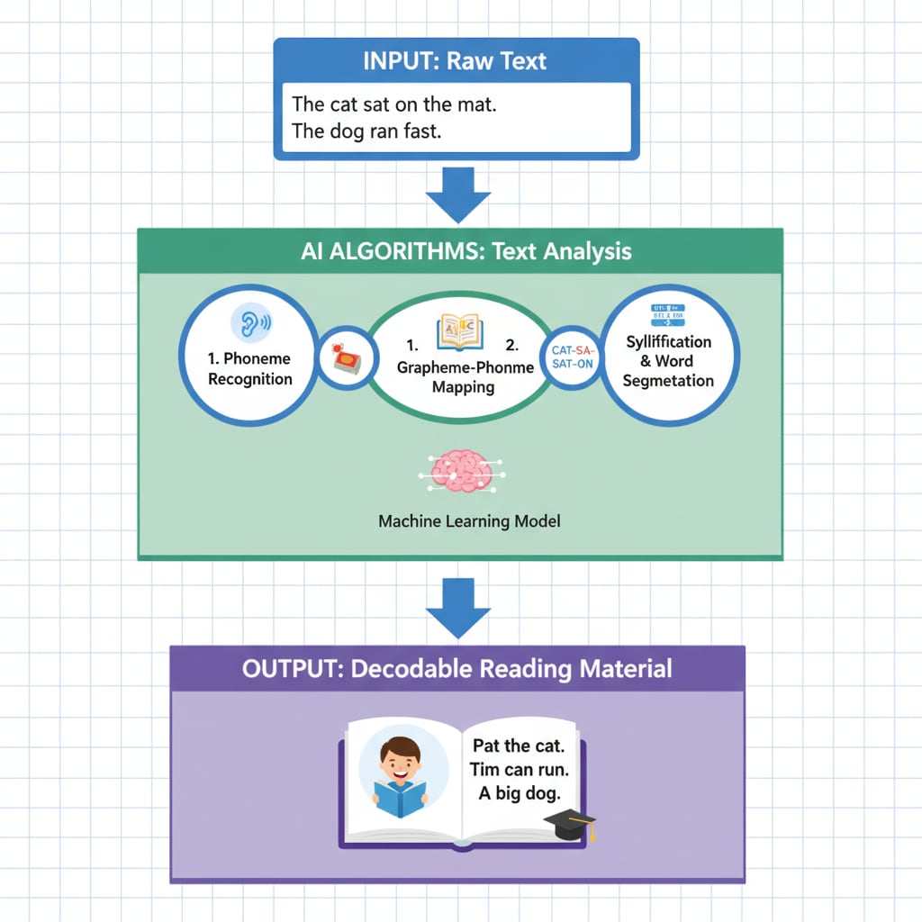 AI algorithms analyzing text for decodable reading material creation in educational context