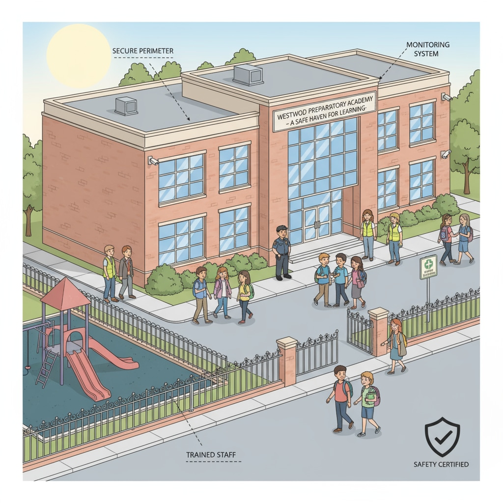 School building and students highlighting the significance of school safety