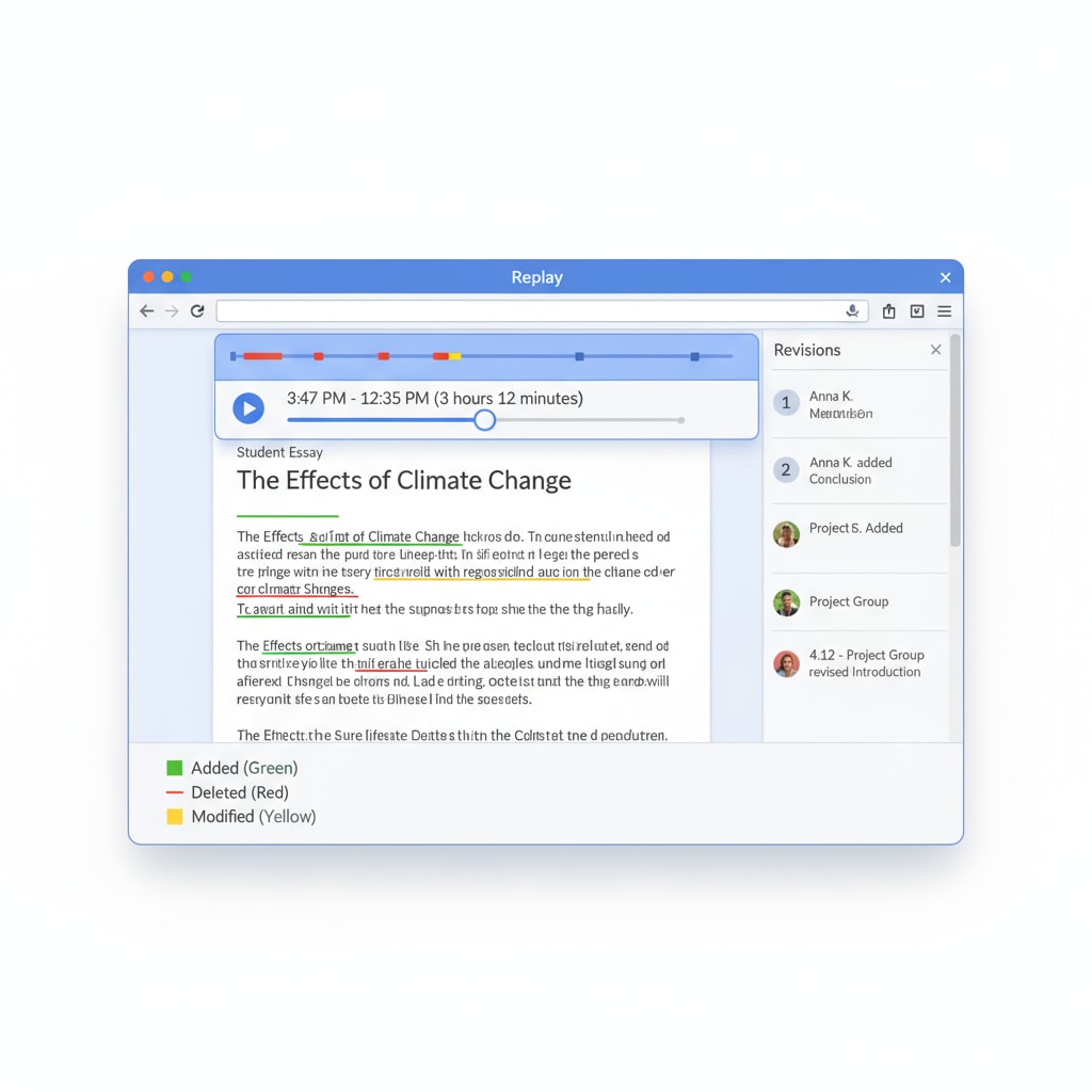 Google Docs Replay feature highlighting student's writing process for teaching evaluation and plagiarism detection