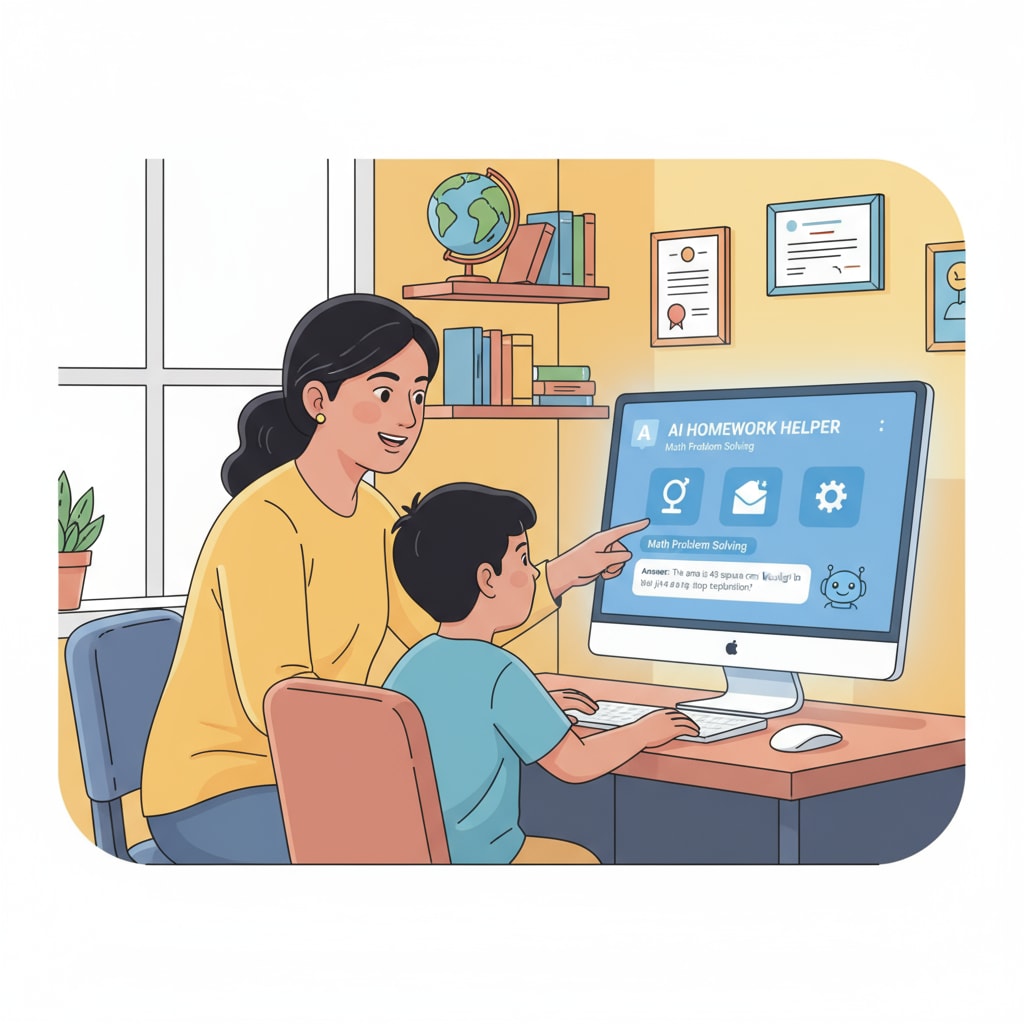 A parent and child using AI for homework assistance, related to AI cheating, parental indulgence, writing skills, and student privilege