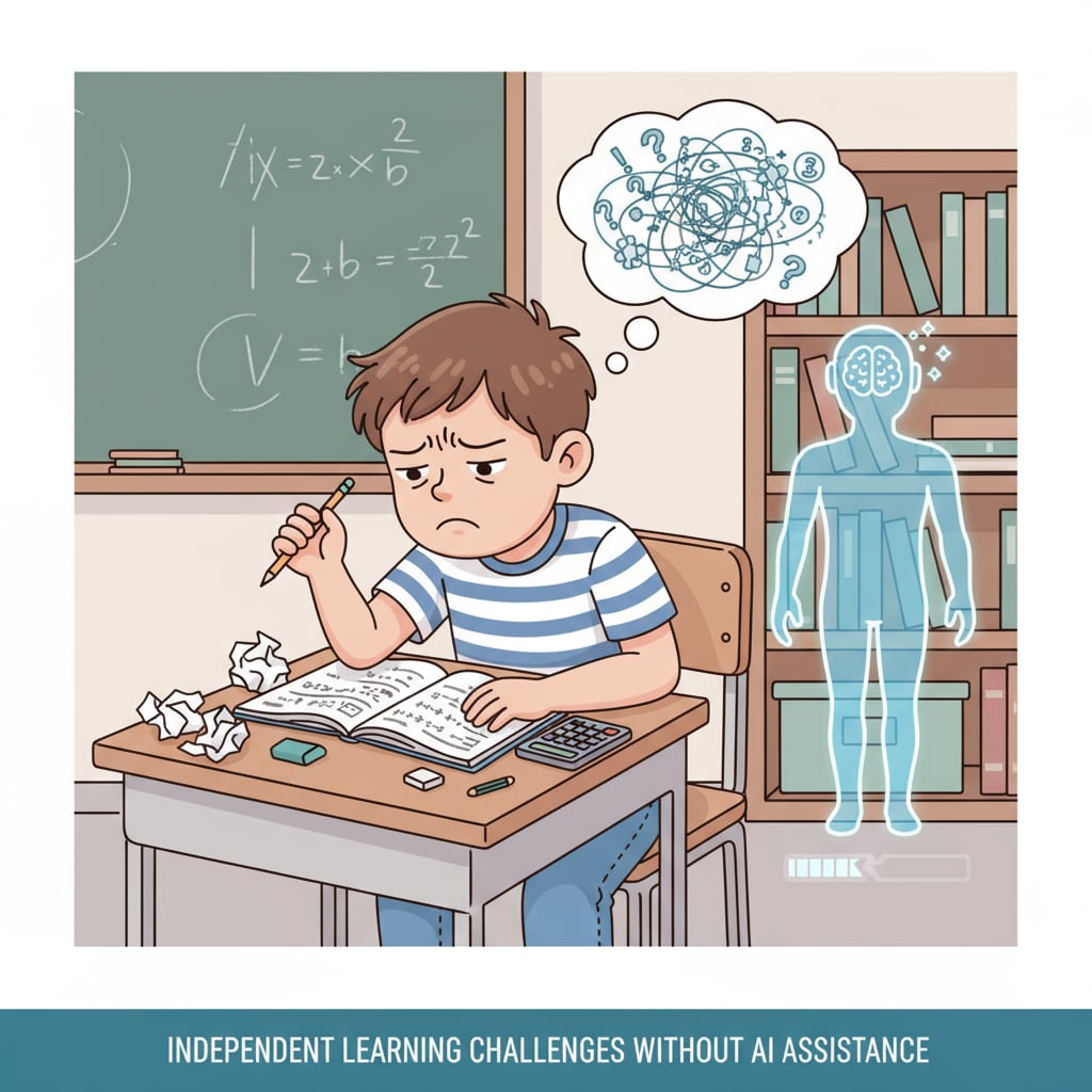 A child struggling with homework without AI, highlighting the issues of AI cheating, parental indulgence, writing skills, and student privilege