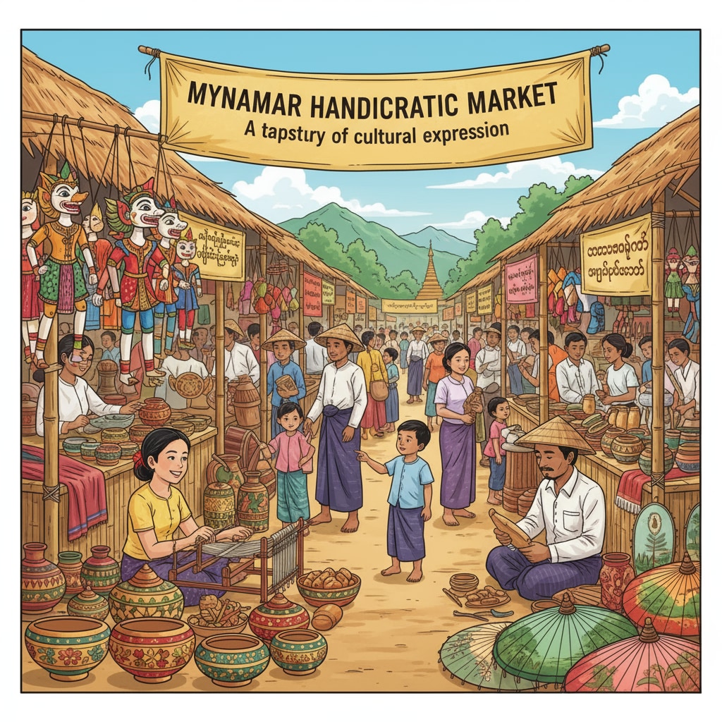 A handicraft market in Myanmar displaying various traditional artworks