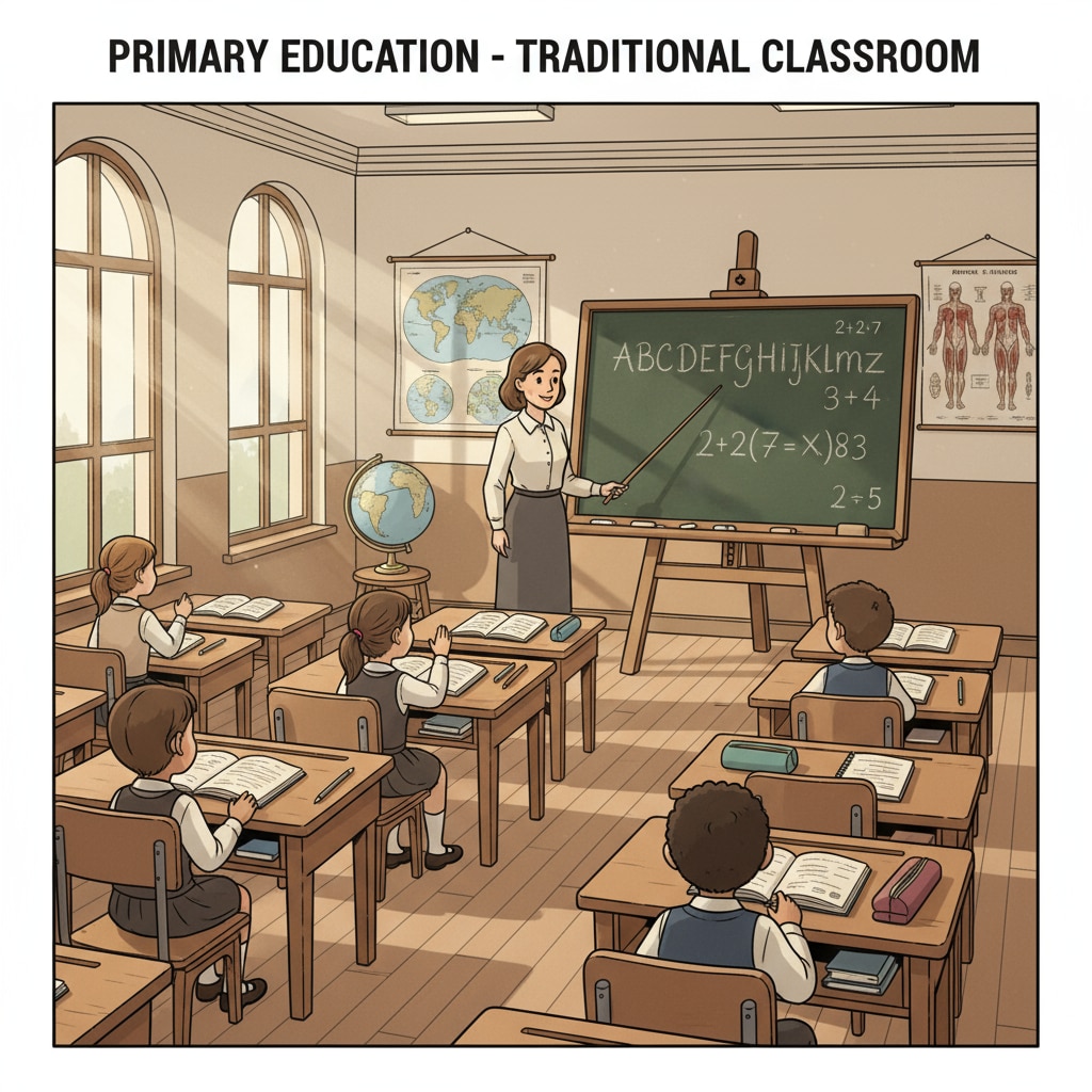 A classroom scene lacking technological educational innovation, primary school curriculum, and modern teaching methods