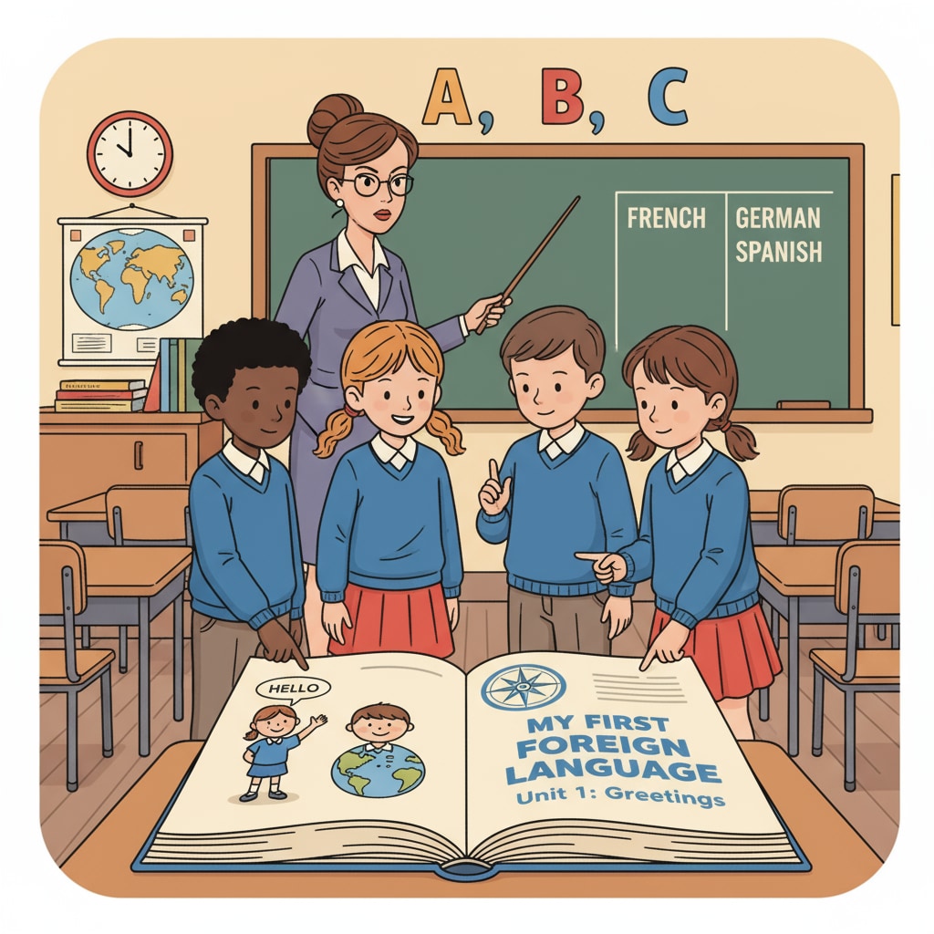 A scene of primary school students in a traditional foreign language learning environment, lacking modern educational innovation, curriculum, and teaching methods