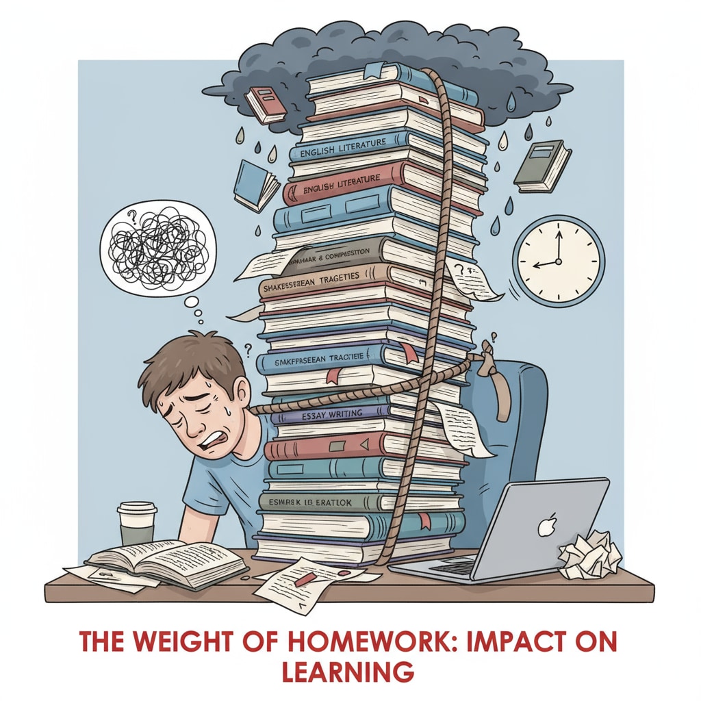 A student struggling with excessive English homework demonstrating its impact on the learning experience