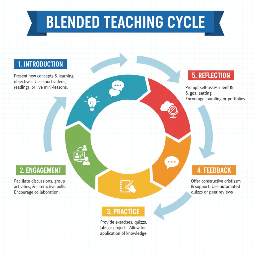 A diagram showing the steps of the blended teaching cycle in educational theory