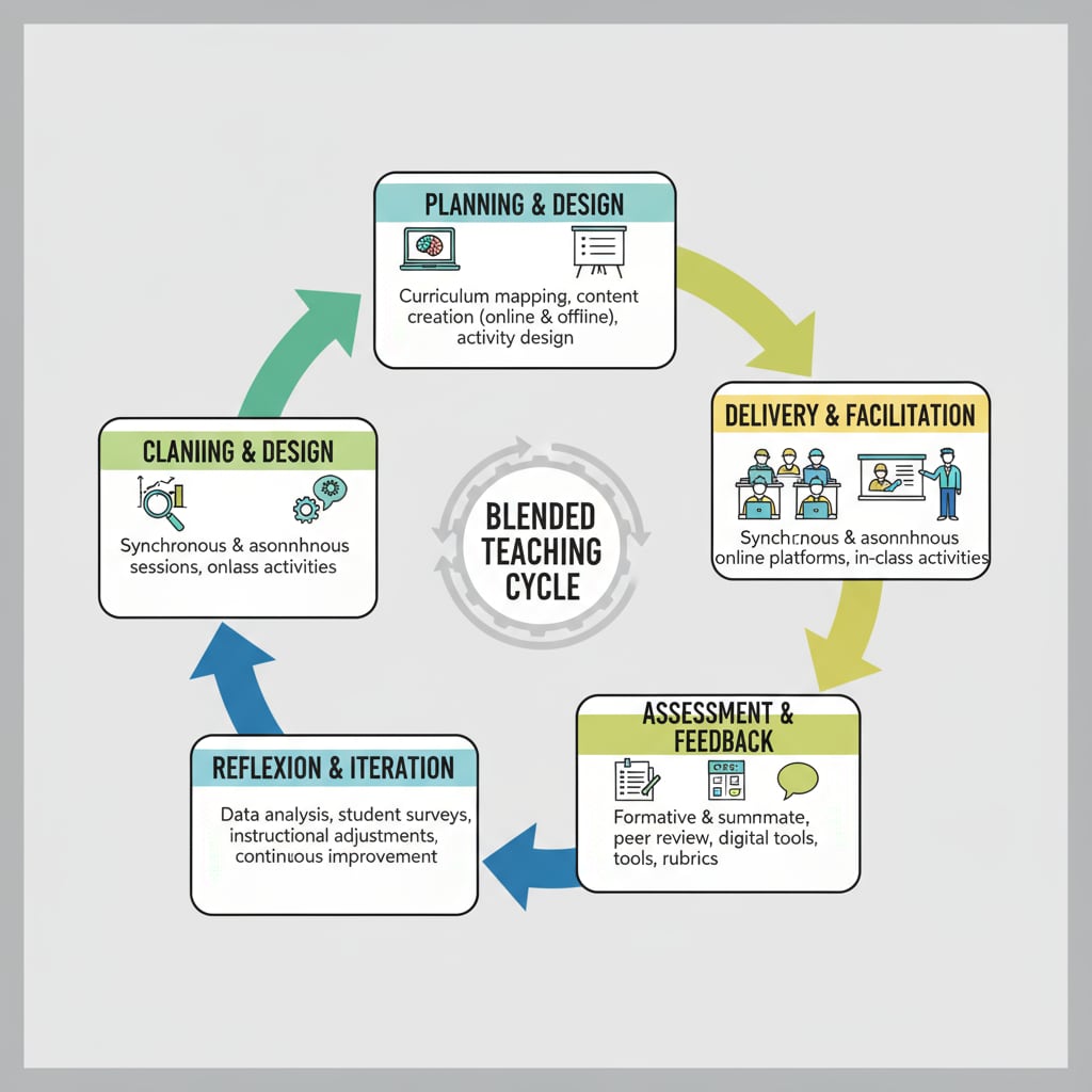 A flow chart depicting the relationship between different steps of the blended teaching cycle in educational context